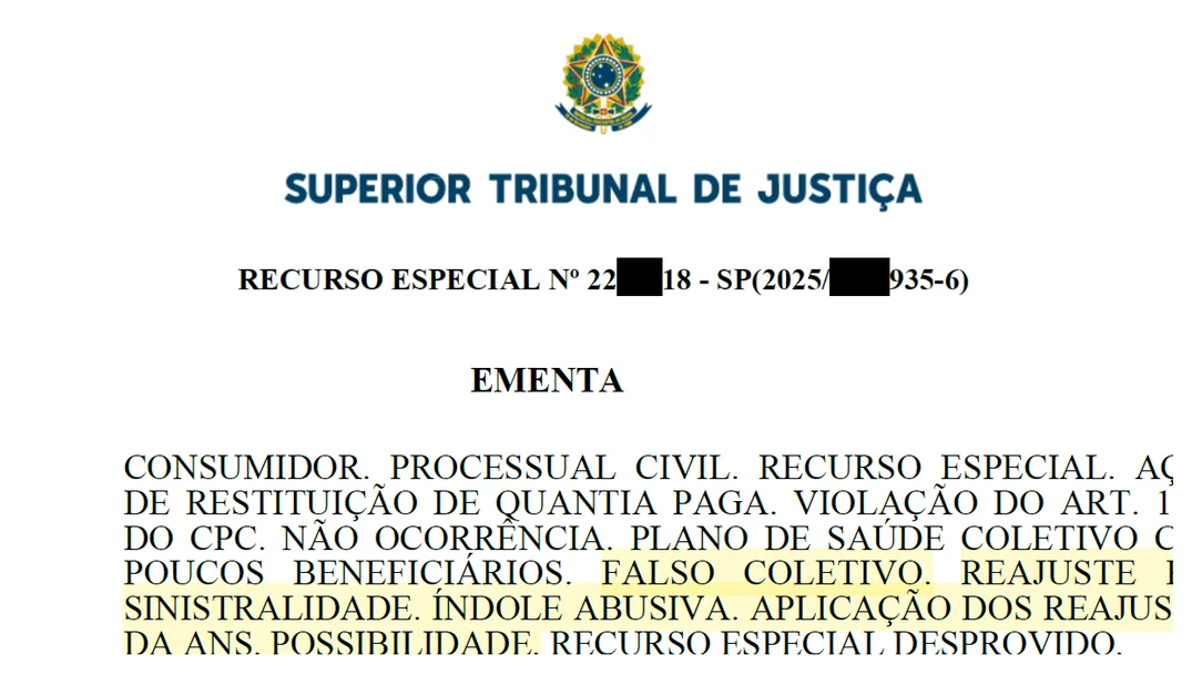 Ementa de recurso especial do Superior Tribunal de Justiça sobre plano de saúde coletivo com poucos beneficiários e falso coletivo, com o número do processo suprimido